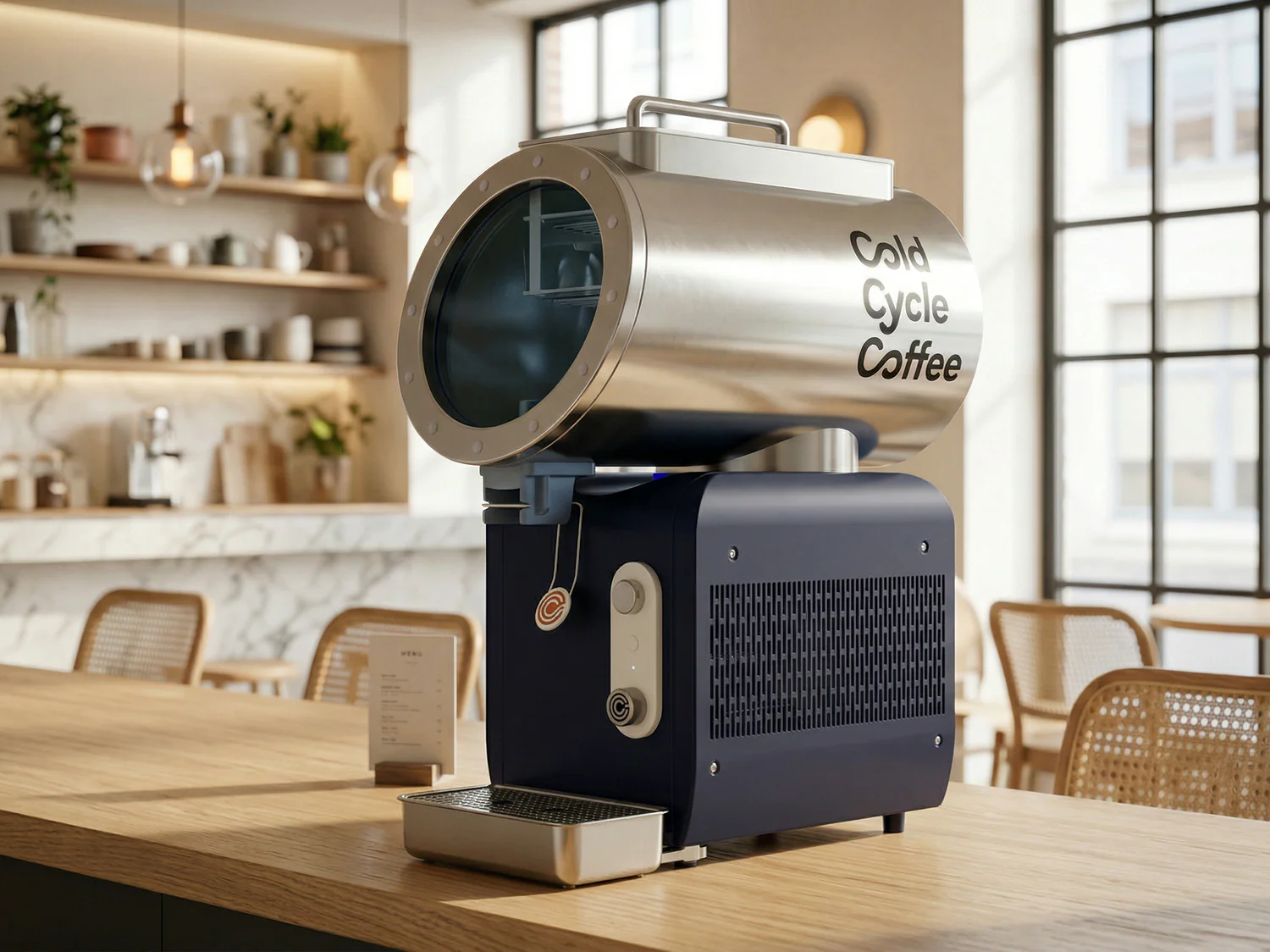 The Cold Cycle Coffee machine on a cafe counter: a brushed-steel brewing drum on a navy refrigerated base