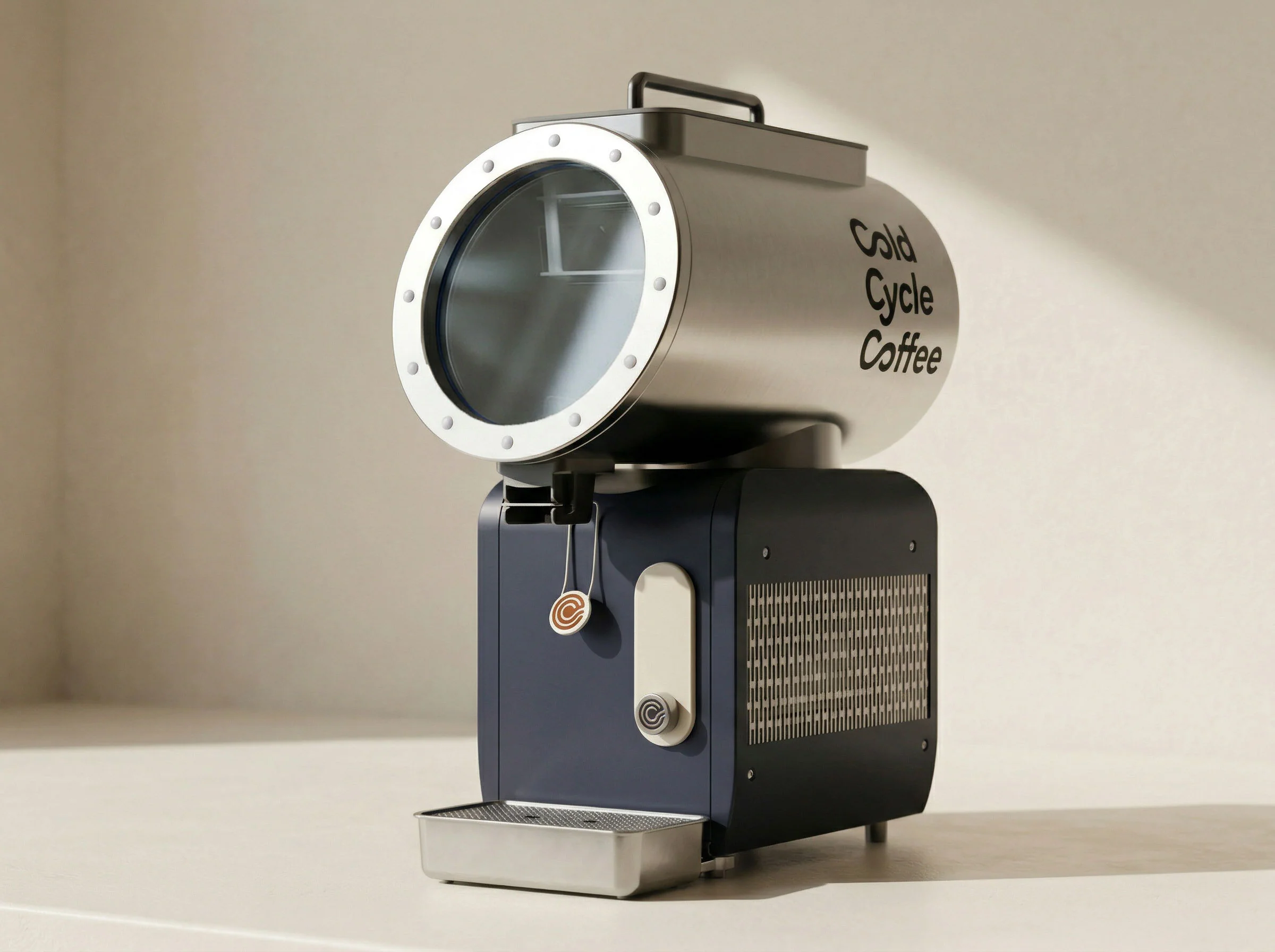 Side profile of the Cold Cycle Coffee machine in daylight, showing the navy control face with the rounded LCD control area and a single control button above the drip tray