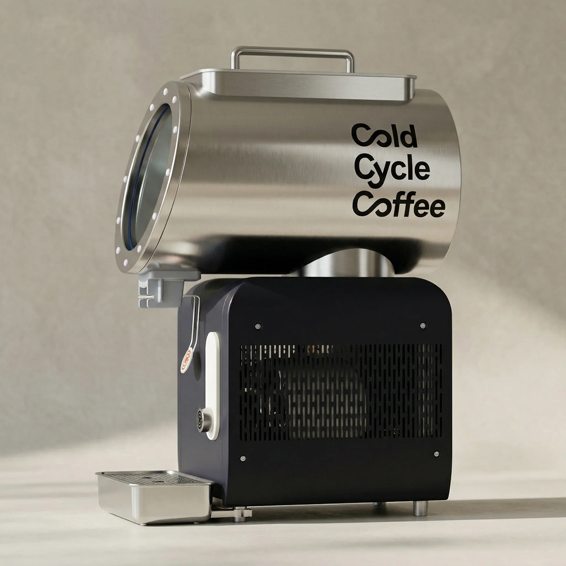 The V1 Cold Cycle Coffee machine: a brushed-steel brewing drum with the wordmark, set on a dark refrigerated base with a vented grille and a stainless drip tray