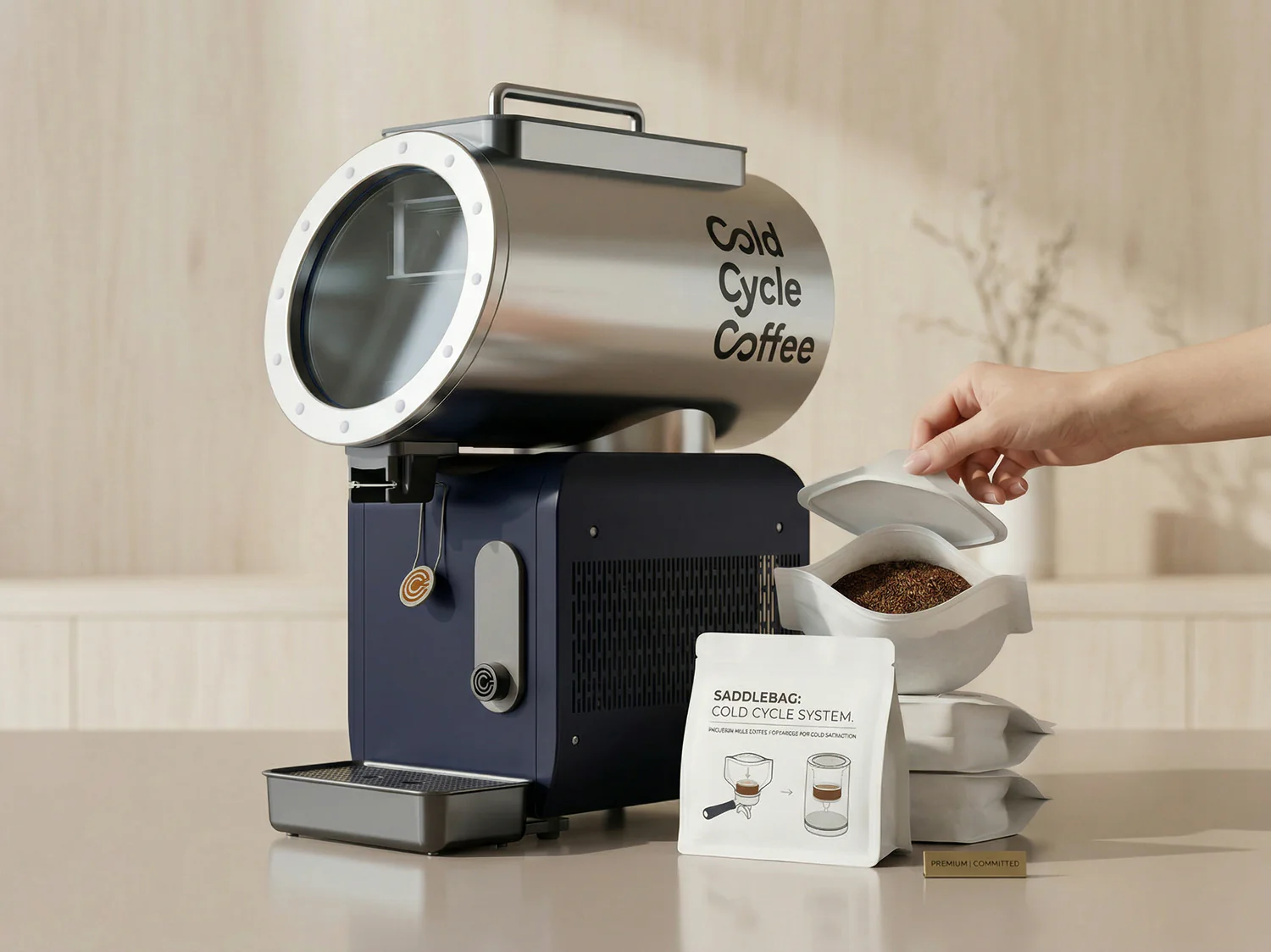 A hand opening a white Cold Cycle System saddlebag of coffee grounds beside the machine, with a labeled pouch and additional saddlebags stacked on the counter