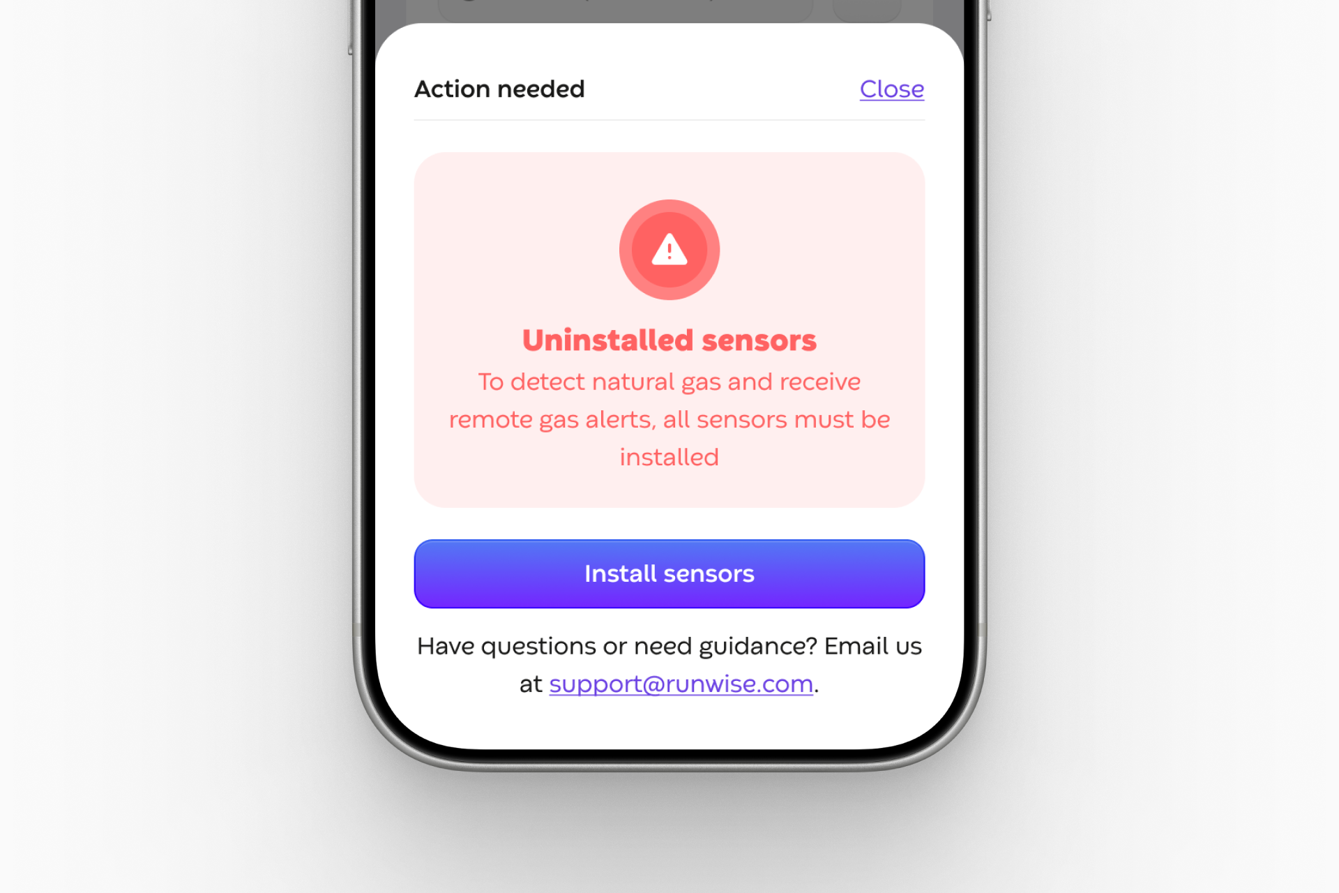 An Action needed modal reading Uninstalled sensors, explaining that all sensors must be installed to detect natural gas and receive remote alerts, with an Install sensors button