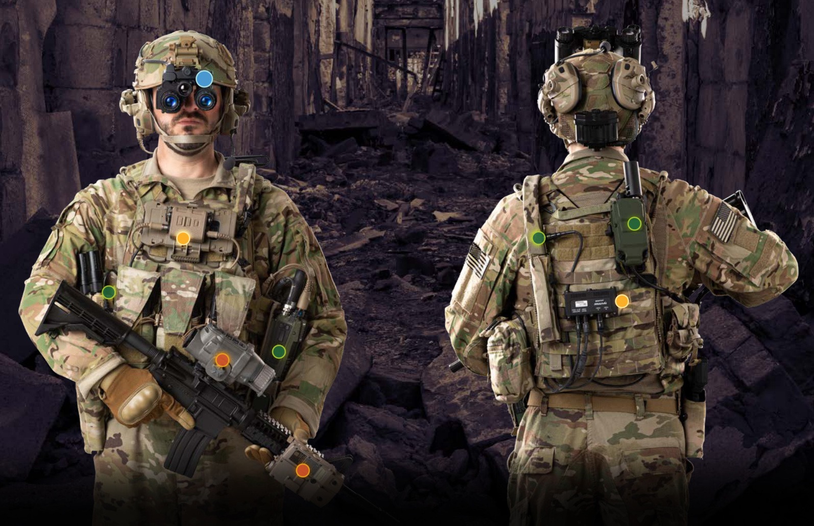 Front and back views of a soldier in the L3Harris Integrated Soldier System with its integrated components highlighted