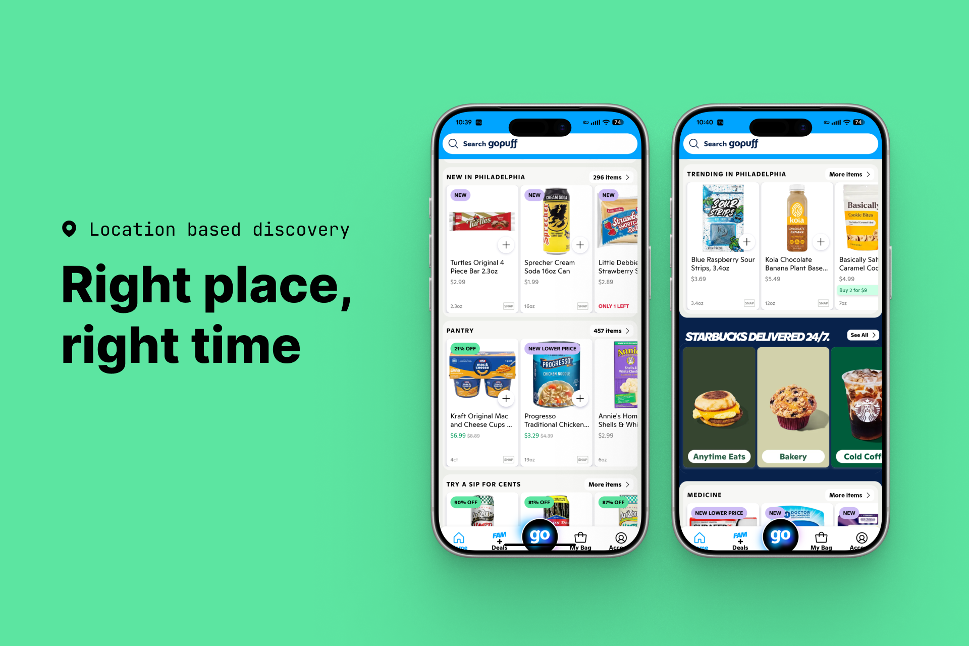 Location based discovery: two Gopuff phone screens titled New in Philadelphia and Trending in Philadelphia, surfacing items newly available and breaking out near the shopper