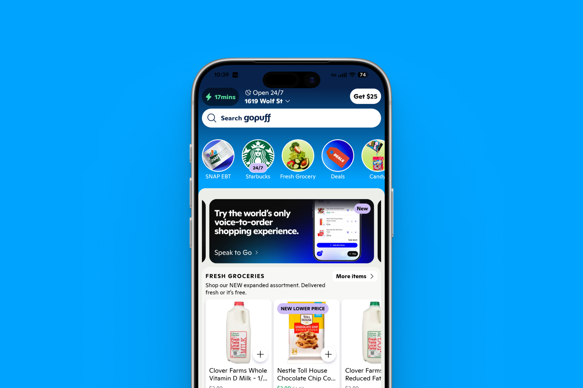 The Gopuff app home screen with search, category shortcuts, and a personalized Fresh Groceries section