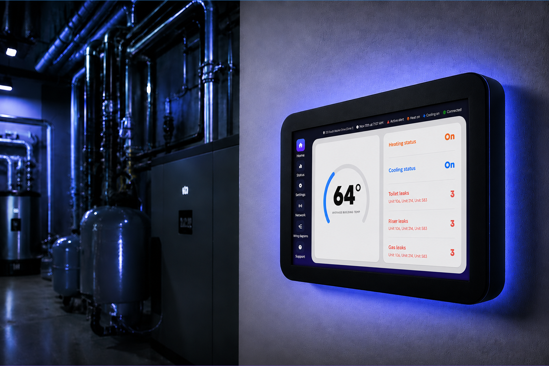 Runwise control tablet glowing on the wall of a building boiler room