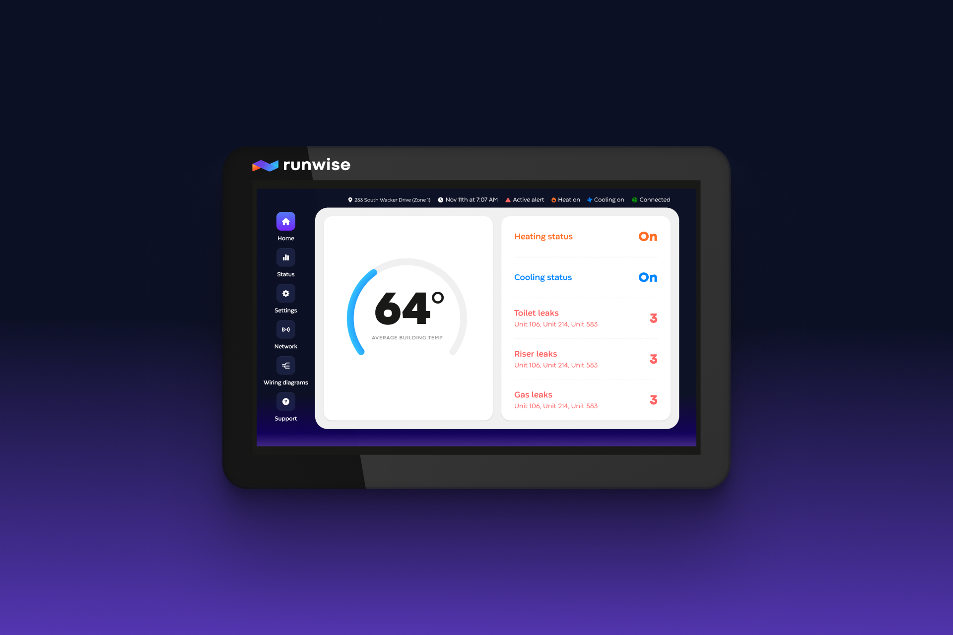 Runwise control hardware home screen showing building temperature of 64 degrees, heating and cooling status, and active leak counts