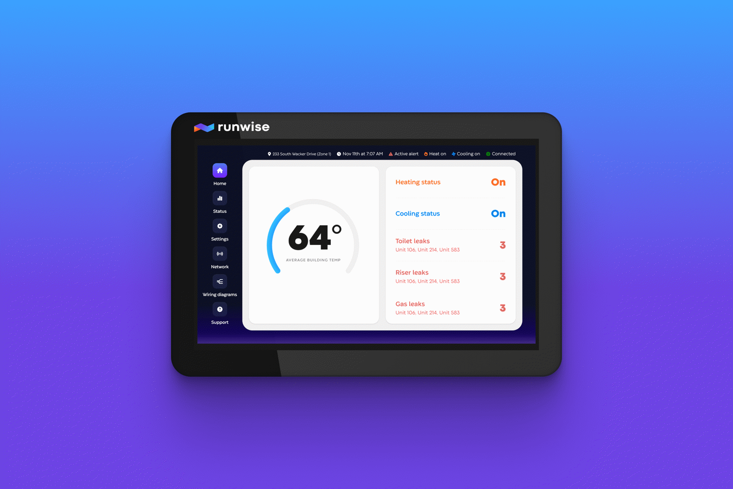 Control hardware home screen crossfading between an active state with heating and cooling on and three leaks of each type, and an all-clear state with everything off and zero leaks