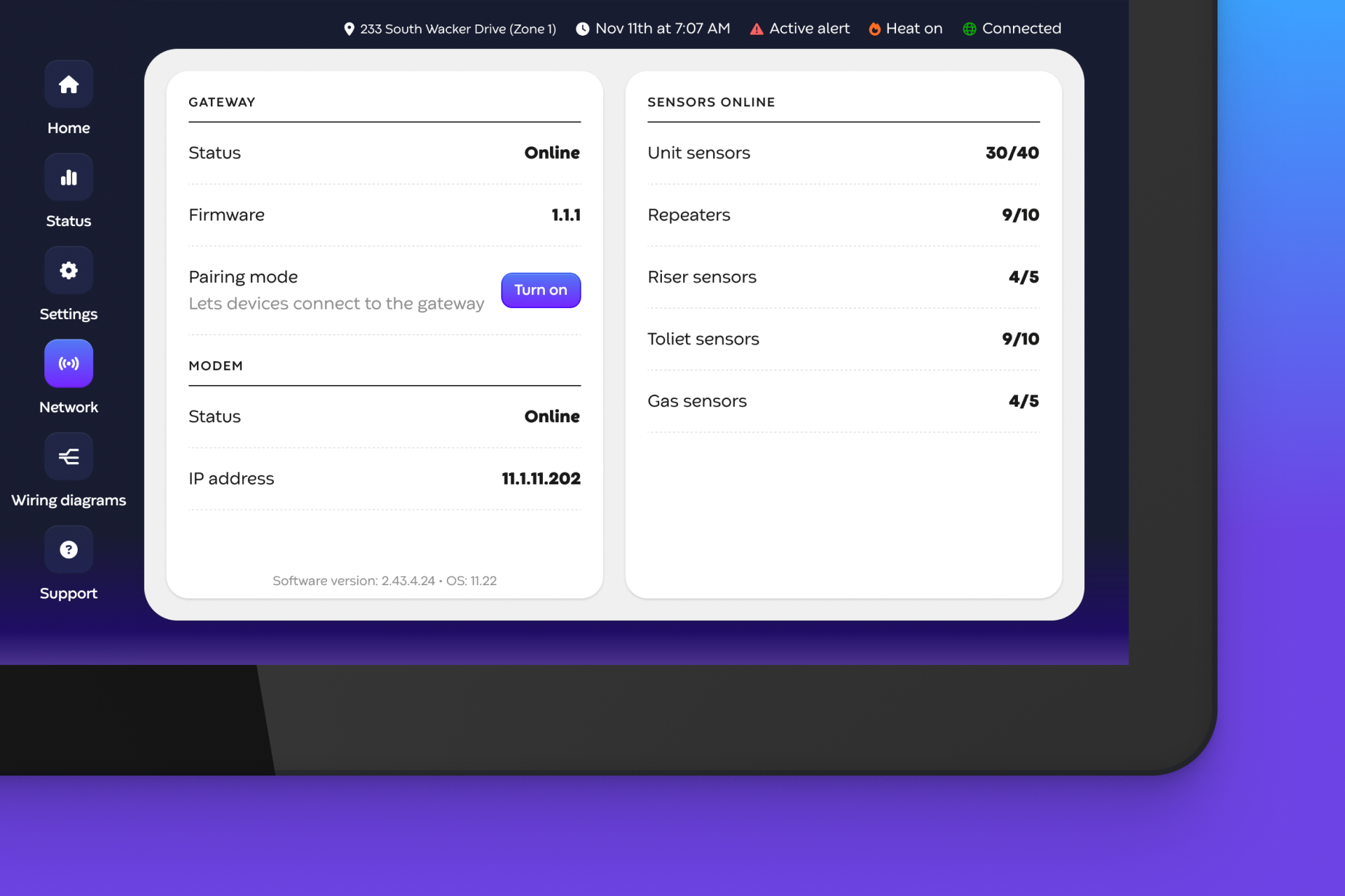 Settings and network screen showing gateway status, firmware version, and a live inventory of sensors and repeaters online