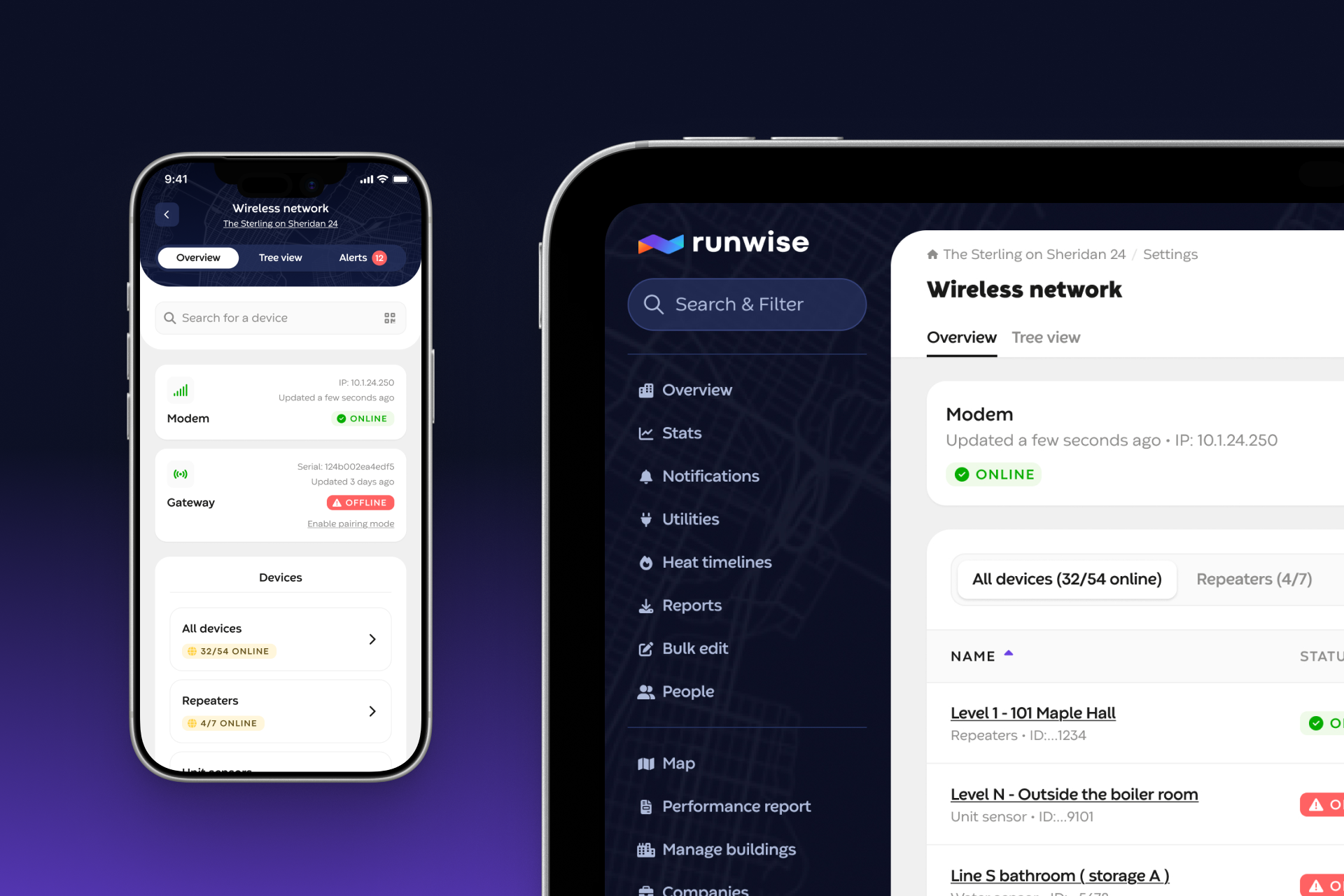 Runwise wireless network management screens on phone and iPad, showing modem status and a building's connected devices